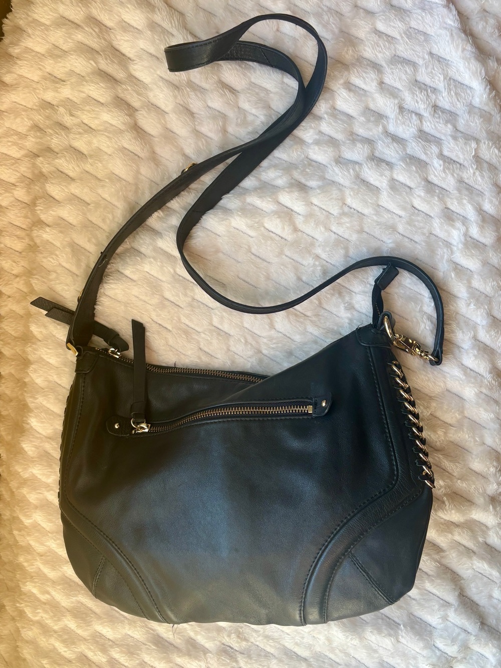 Perlina black, leather hobo Crossbody bag, gold chain detail excellent condition